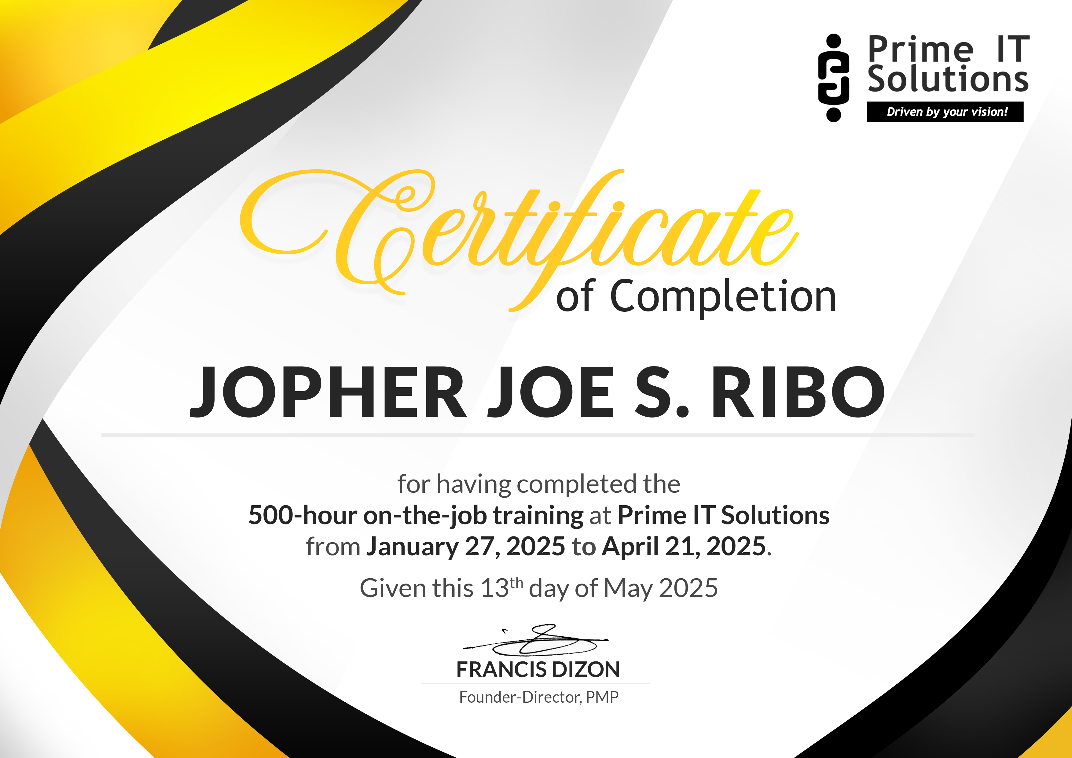 500-hour on-the-job training — Prime IT Solutions